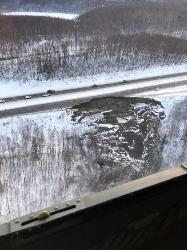 Handout photo of an aerial view of the damage on Glenn Highway after an earthquake in Anchorage 