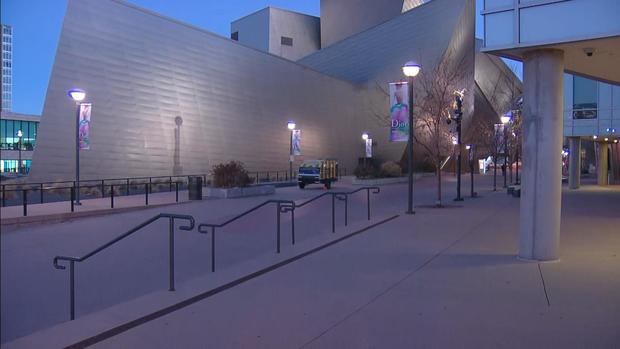 Denver Art Museum outside at night 