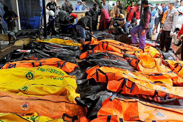Bodies of tsunami victims are collected at a local health facility after a tsunami hit Carita in Pandeglang 