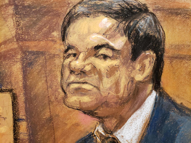 A courtroom sketch shows accused Mexican drug lord Joaquin "El Chapo" Guzman sitting during his trial in Brooklyn federal court in New York Dec. 18, 2018. 