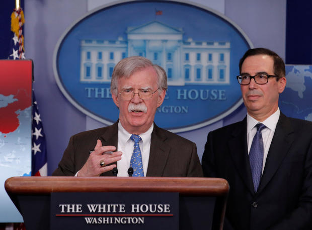 White House National Security Adviser John Bolton and Treasury Secretary Steven Mnuchin hold a press briefing at the White House in Washington 
