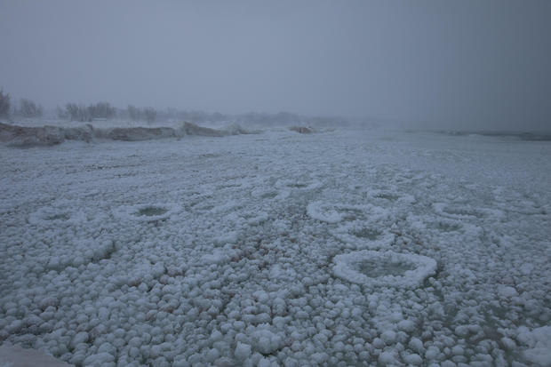 Frozen Lake Michigan is pictured in St. Joseph, Michigan 