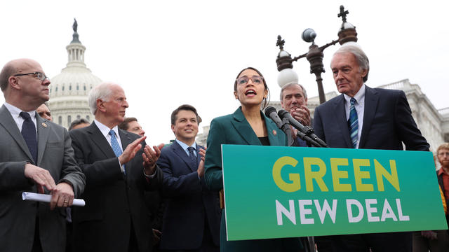 U.S. Representative Ocasio-Cortez  and Senator Markey hold a news conference for their proposed "Green New Deal" to achieve net-zero greenhouse gas emissions in 10 years, at the U.S. Capitol in Washington 