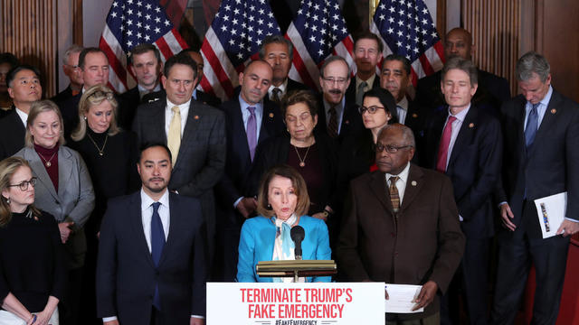 U.S. House Speaker Pelosi, flanked by Representative Castro, holds a news conference about their proposed resolution to terminate Trump's Emergency Declaration, at the U.S. Capitol in Washington 