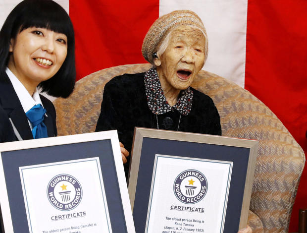 116-year-old Japanese woman Kane Tanaka celebrates during a ceremony to recognise her as the world's oldest person living and world's oldest woman living by the Guinness World Records in Fukuoka 