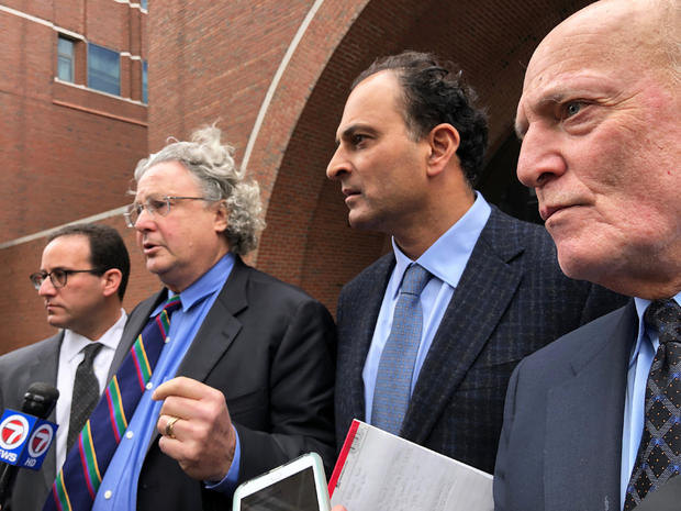 David Sidoo -- along with attorneys Richard Schonfeld, David Chesnoff and Martin Weinber -- speaks outside Boston federal court after pleading not guilty to charges of participating in the largest college admissions fraud scheme in U.S. history in Boston 