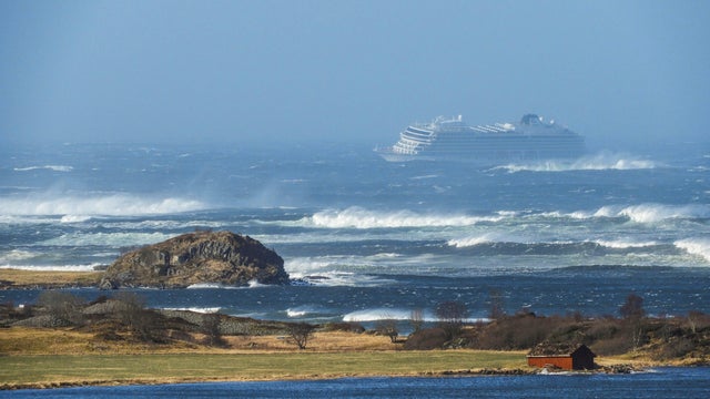 A cruise ship Viking Sky drifts towards land after an engine failure in Hustadvika 