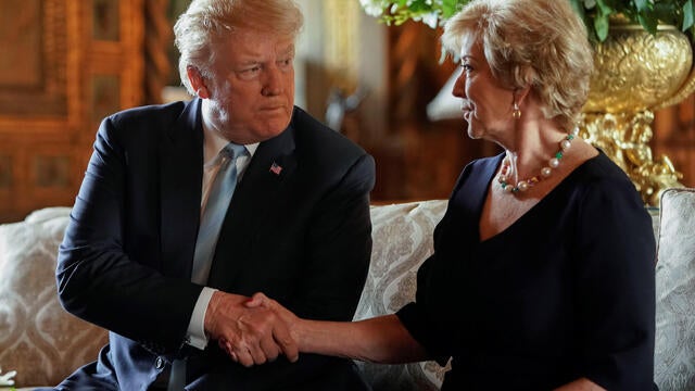 U.S. President Trump shakes hands with SBA Administrator McMahon at Mar-a-Lago in Palm Beach, Florida 