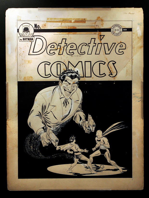 Copy photo of the cover of Detective Comics issue @@#69 by artist Jerry Robinson, depicting The Jok 
