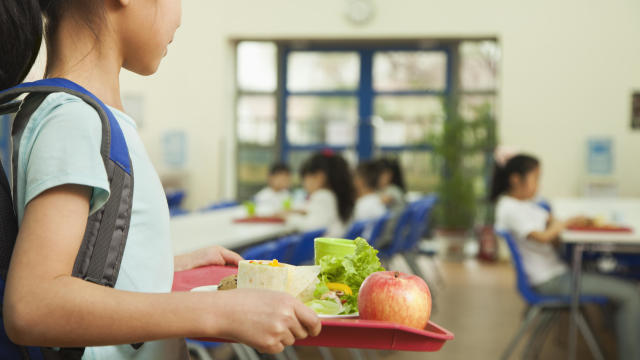 Girl holding food tray in school cafeteria 