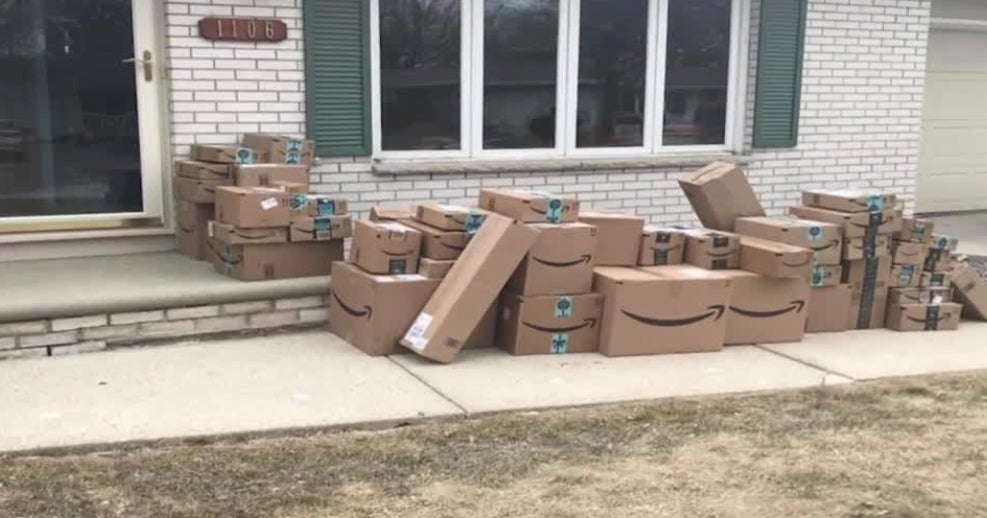 Wife Pranks Husband With Dozens Of Amazon Boxes On April Fools' Day