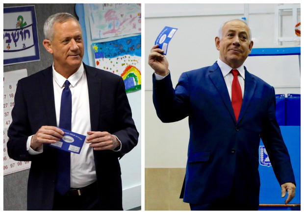 A combination picture shows Benny Gantz (left), leader of Blue and White party voting at a polling station in Rosh Ha'ayin and Israel's Prime Minister Benjamin Netanyahu voting at a polling station in Jerusalem during Israel's parliamentary election 