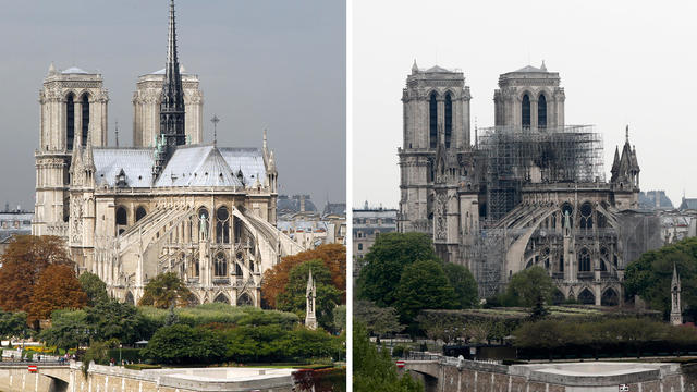 A combination picture shows views of Notre Dame Cathedral before, left, and after a massive fire devastated large parts of the Gothic structure in Paris, France, April 16, 2019. 
