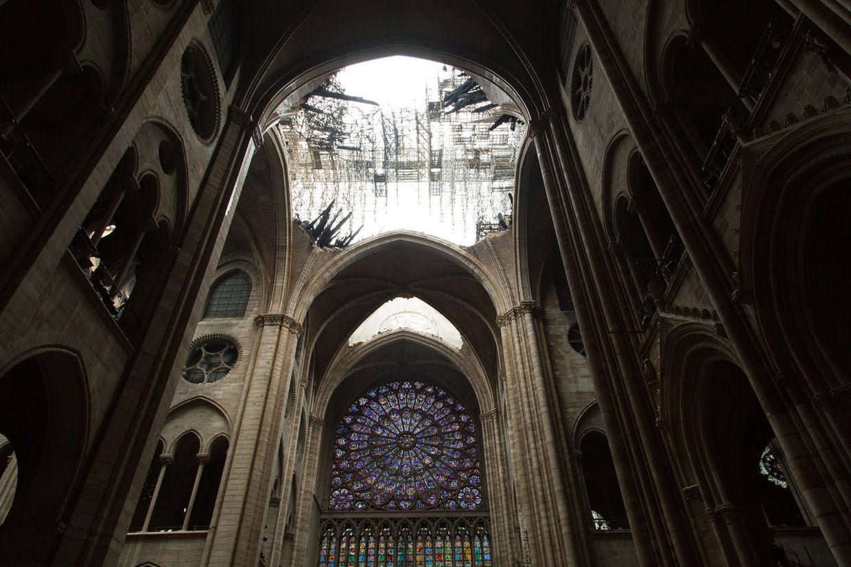 One of Notre Dame Cathedral's famous rose windows is seen after a massive fire April 15, 2019. 