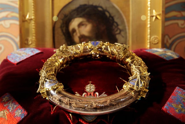 The crown of thorns believed to have been worn by Jesus at his crucifixion is displayed during a ceremony at Notre Dame Cathedral in Paris March 21, 2014.