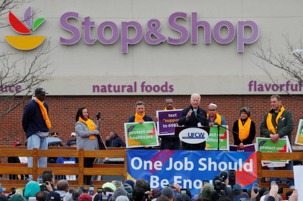 Former U.S. Vice President Joe Biden speaks at a rally with striking Stop & Shop workers in Boston 