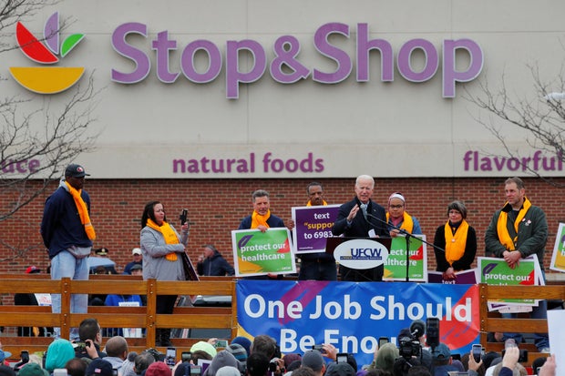 Former U.S. Vice President Joe Biden speaks at a rally with striking Stop & Shop workers in Boston