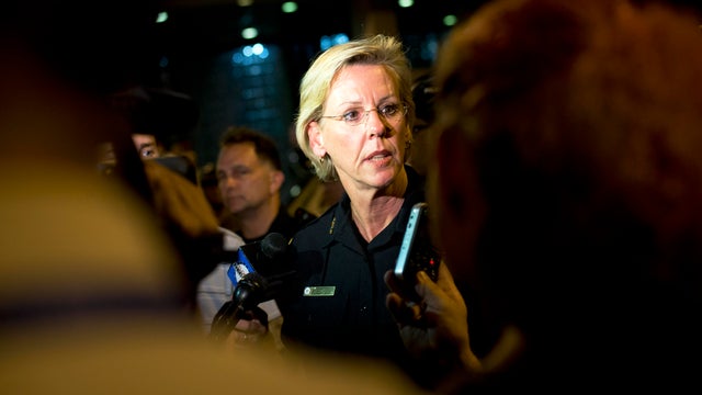 Tampa Police Chief Jane Castor talks with members of the media at a protest outside of the Republican National Convention in Tampa 