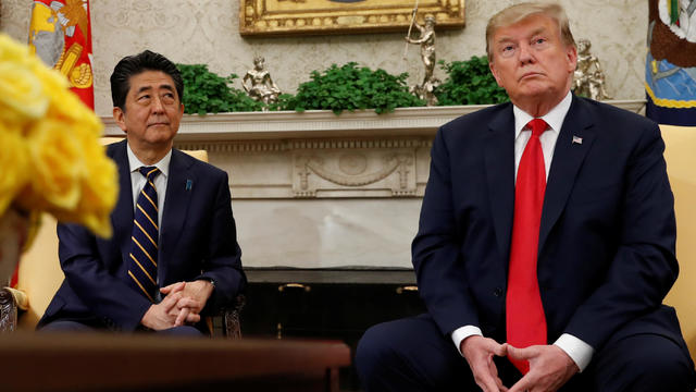 U.S. President Donald Trump meets with Japan's Prime Minister Shinzo Abe in the Oval Office at the White House in Washington 