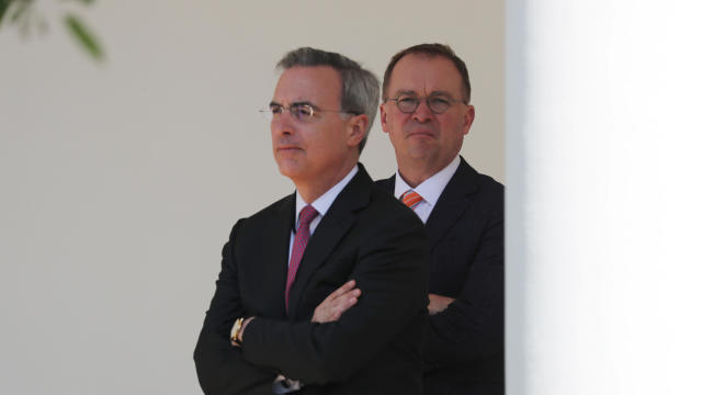 White House Chief of Staff Mulvaney stands with White house counsel Cipollone during "Be Best" anniversary event at the White House in Washington 