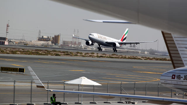 An Emirates Air Airbus lands at Dubai In 