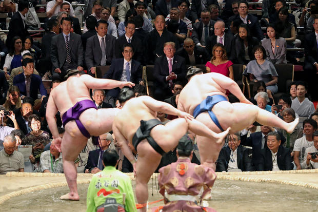 U.S. President Donald Trump, first lady Melania Trump, Japanese Prime Minister Shinzo Abe and wife Akie Abe watch the Summer Grand Sumo Tournament at Ryogoku Kokigikan Sumo Hall in Tokyo 