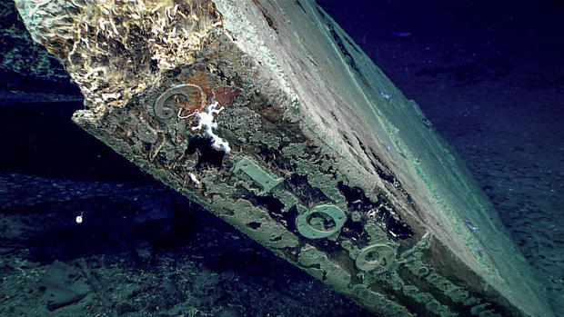 The numbers "2109" are seen along the trailing edge of the rudder of a shipwreck discovered on the bottom of the Gulf of Mexico on May 16, 2019. 
