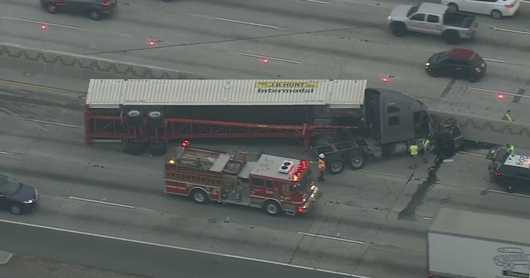 Big Rig Hits 5 Freeway Center Divider, Overturns In Commerce - CBS Los ...