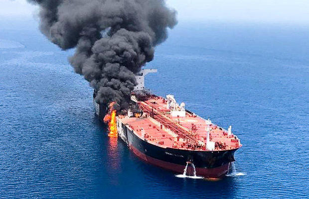 An oil tanker is seen after it was attacked at the Gulf of Oman 
