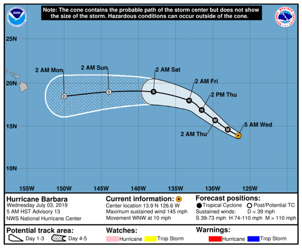 A map from the National Weather Service shows the projected path for Hurricane Barbara as of 11 a.m. ET on July 3, 2019. 
