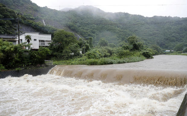 The Futami River is swollen due to heavy rain in Yatsushiro, Kumamoto Prefecture, southwestern Japan 