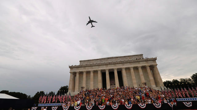 Air Force One does a fly-by as U.S. President Donald Trump and first lady Melania Trump arrive for the "Salute to America" event during Fourth of July Independence Day celebrations at the Lincoln Memorial in Washington 