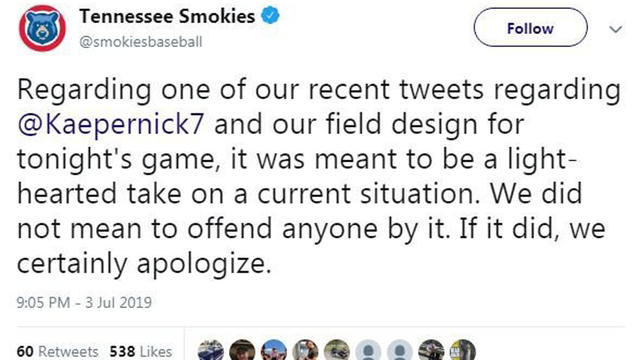 Chicago Cubs minor league affiliate Tennessee Smokies apologize