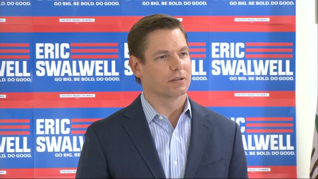 Rep. Eric Swalwell, D-California, speaks during a press conference July 8, 2019, in Dublin, California. 