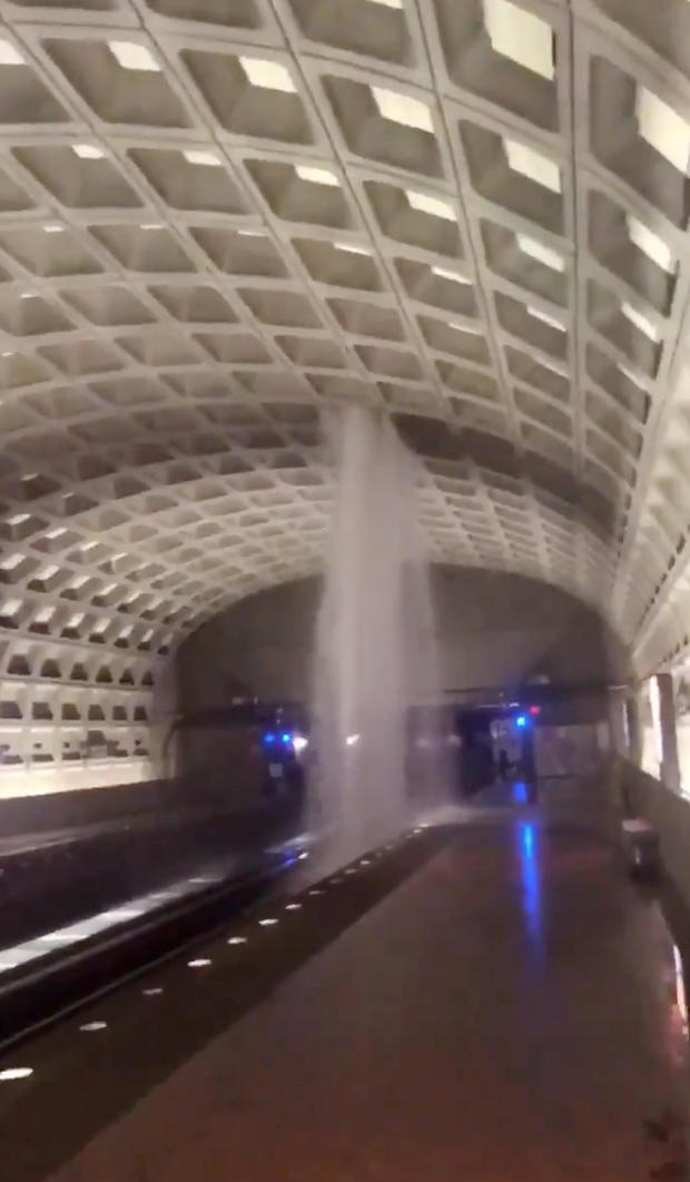 Water flood is pictured at the Virginia Square metro station in Arlington 