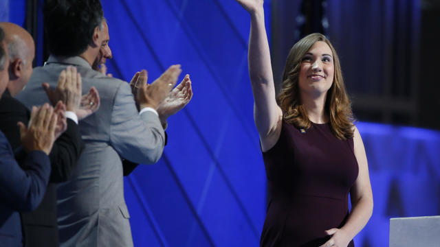 LGBT rights activist Sarah McBride waves after speaking at the Democratic National Convention in Philadelphia, Pennsylvania 