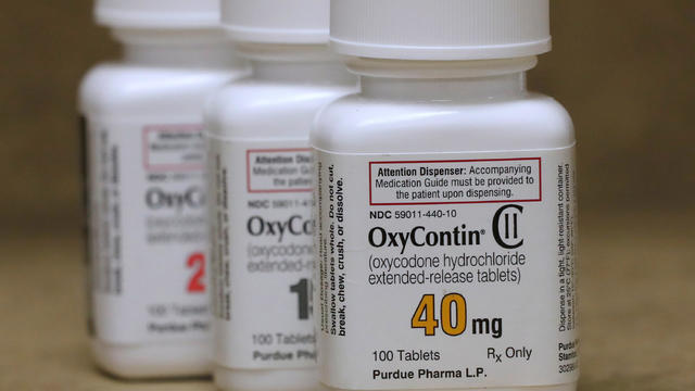 Bottles of prescription painkiller OxyContin made by Purdue Pharma LP on a counter at a local pharmacy in Provo 