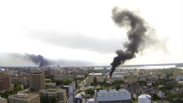 A fire is seen at an electrical substation during a heat wave in Madison 