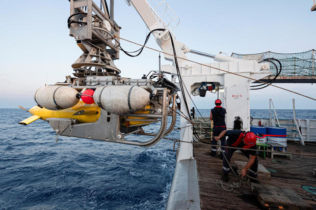 The AsterX submarine drone returns on board the Antea research vessel during the second phase of the search for the wreckage of the Minerve submarine 