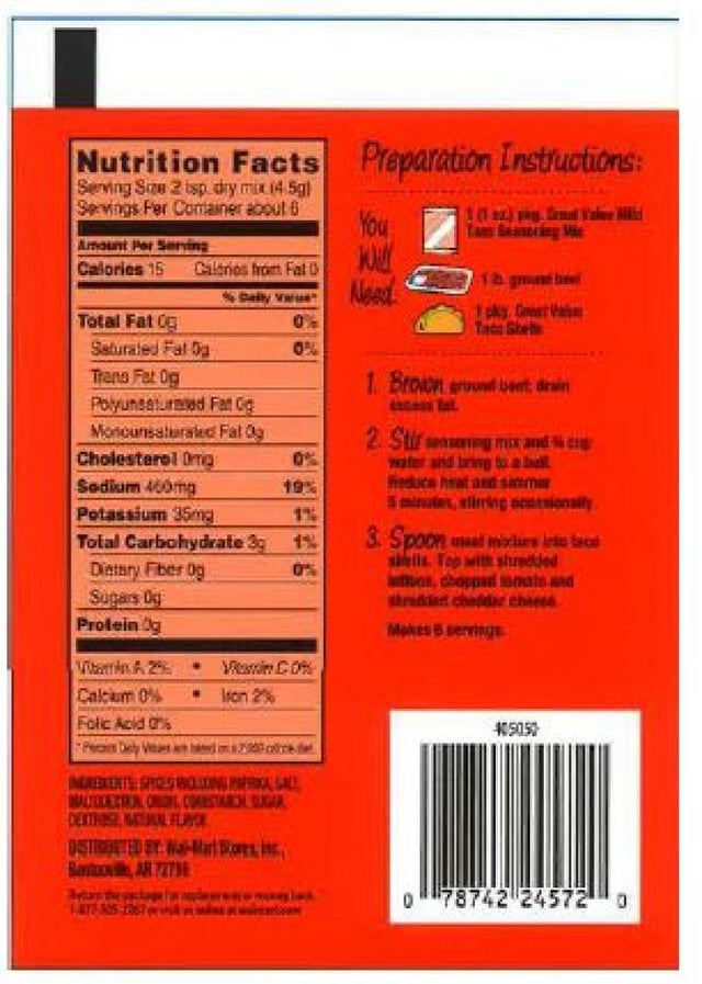 Great Value Mild Taco Seasoning, Net Wt. 1 oz, back label 