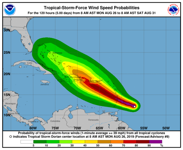 Tropical Storm Dorian 11am ET wind speed probabilities 