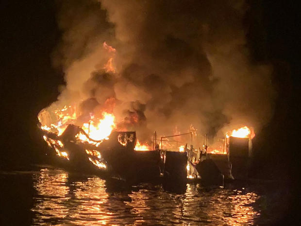 A diving vessel burns off the coast of Southern California on September 2, 2019. 