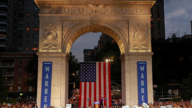 U.S. Senator and democratic presidential candidate Elizabeth Warren speaks at Washington Square Park in New York 