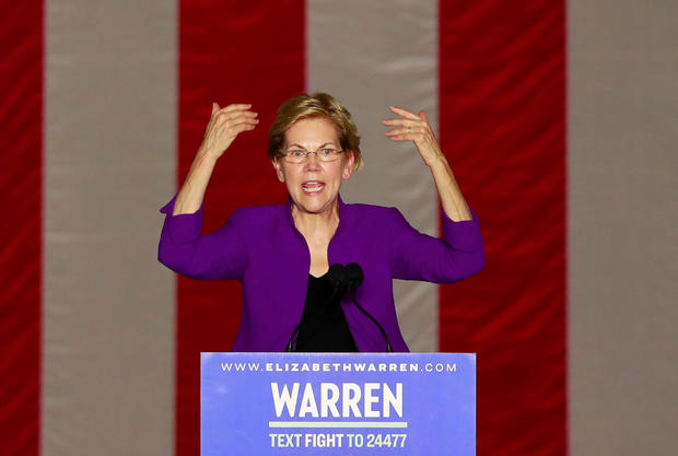 U.S. Senator and Democratic presidential candidate Elizabeth Warren speaking at large rally in New York City's Washington Square Park on evening of September 16, 2019 