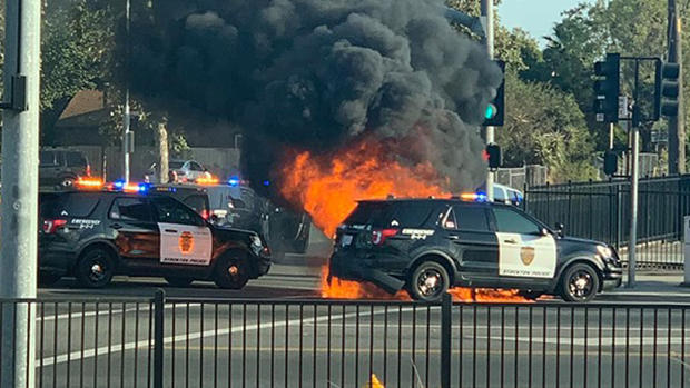 Stockton Pursuit Patrol Car On Fire 