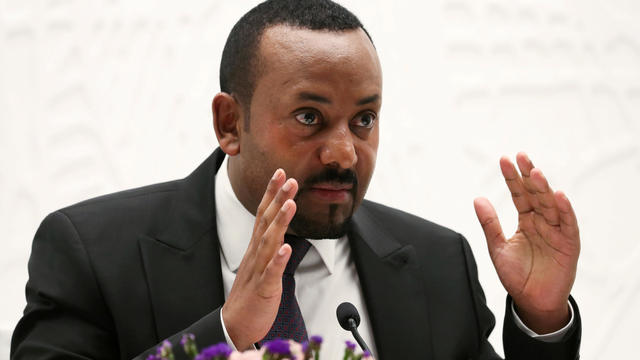 FILE PHOTO: Ethiopia's Prime Minister Abiy Ahmed speaks at a news conference at his office in Addis Ababa 