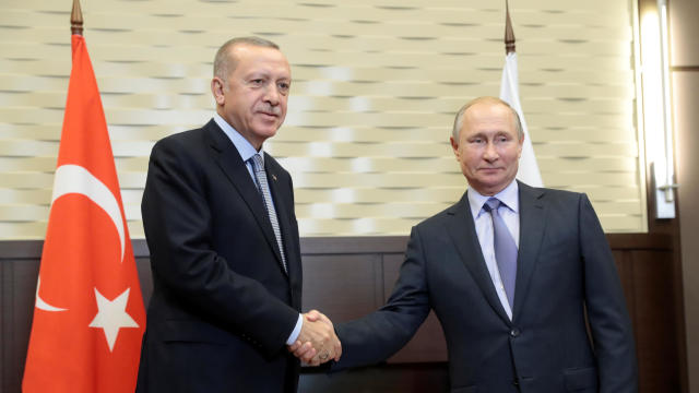 Russian President Vladimir Putin shakes hands with Turkish President Recep Tayyip Erdogan during their meeting in the Black sea resort of Sochi 