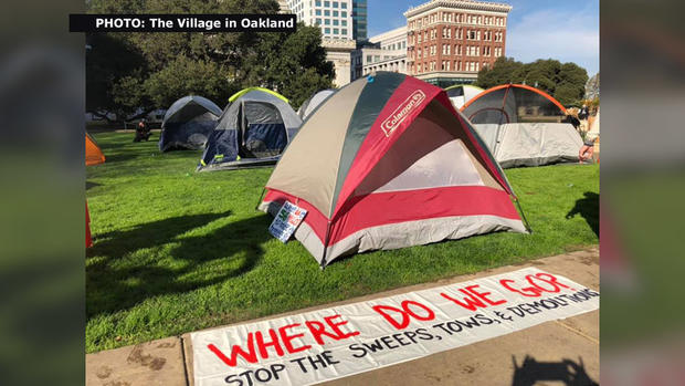 Housing Justice Village in Oakland's Frank Ogawa Plaza Near City Hall 