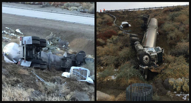 Tanker-Truck Careens Off Side Of 5 Freeway Near Lebec, Spills Thousands Of Gallons Of Milk 