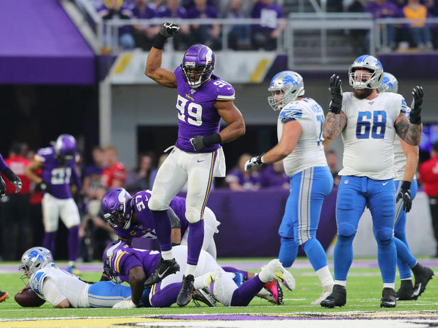 Minnesota Vikings linebacker Danielle Hunter (99) in action during the  second half of an NFL football game against the New York Jets, Sunday, Dec.  4, 2022 in Minneapolis. (AP Photo/Stacy Bengs Stock